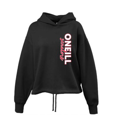 7008: Girls/Ladies Black waist-length w/inside draw-cord Premium Fleece Hoodie